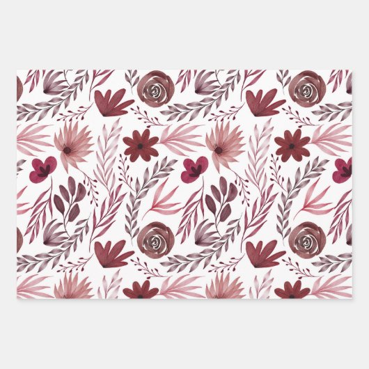Stijlvolle Bogundy Red Flowers Floral Waterverf Inpakpapier Vel (Voorkant)