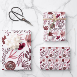 Stijlvolle Bogundy Red Flowers Floral Waterverf Inpakpapier Vel