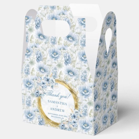 Stijlvolle Bohemian Dusty Blue Gold Wedding Bedank Bedankdoosjes (Geopend)