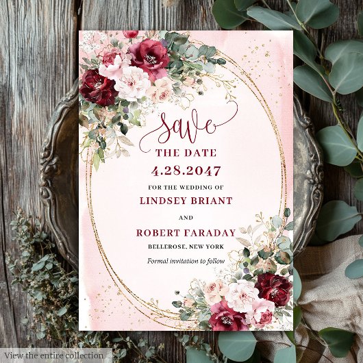 Stijlvolle Boho Burgundy Blush Gouden Bloemige Bew Kaart