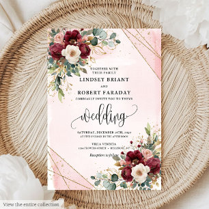 Stijlvolle Boho Deep Red Gold Blush Flowers Weddin Kaart