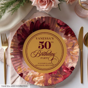 Stijlvolle Boho Merlot Blush Goud 50ste Verjaardag Papieren Bordje