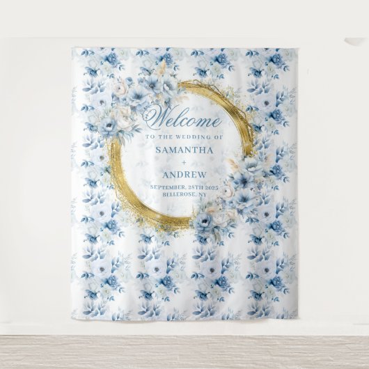 Stijlvolle Boho Pastel Blauw Goud bruiloft Foto Pr Wandkleed (Voorkant)