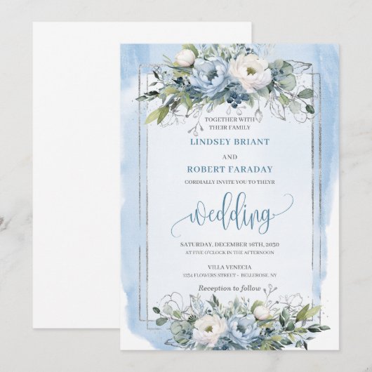 Stijlvolle Boho Pastel Blauw Zilveren Pioenenbruil Kaart (Voorkant / Achterkant)