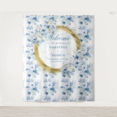 Stijlvolle Boho Pastel Blauwe Gouden Huwelijksfoto Wandkleed (Voorkant)