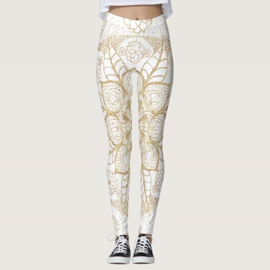 Stijlvolle Boho White Gold Mandala Floral Leggings (Voorkant)
