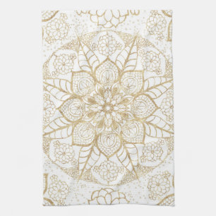 Stijlvolle Boho White Gold Mandala Floral Theedoek