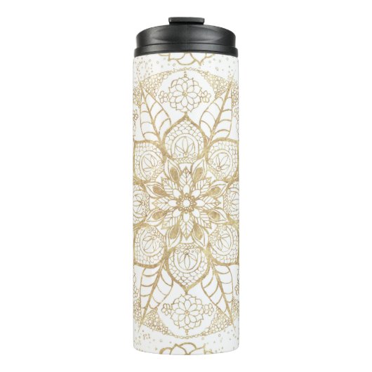 Stijlvolle Boho Witte Gouden Mandala Bloem Thermosbeker (Voorkant)