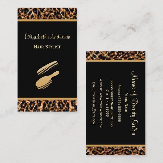 Stijlvolle borstel zwart en goud luipaard haar sal visitekaartje (Voorkant / Achterkant)