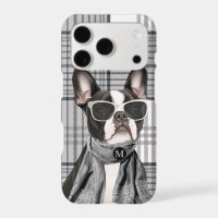 Stijlvolle Boston Terrier-hond en geruite monogram