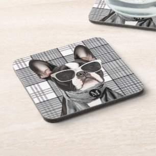 Stijlvolle Boston Terrier-hond en geruite monogram Bier Onderzetter