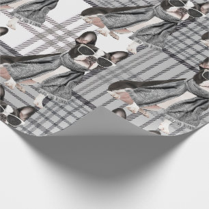 Stijlvolle Boston Terrier-hond en geruite monogram Cadeaupapier