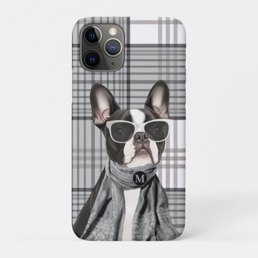 Stijlvolle Boston Terrier-hond en geruite monogram Case-Mate iPhone Case (Achterkant)