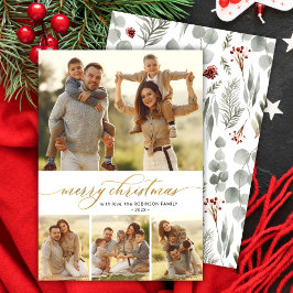 Stijlvolle Botanische 4 Fotocollage Kerstmis Feestdagenkaart
