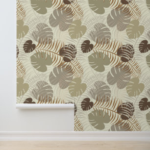 Stijlvolle botanische blad patroon bruin, beige behang