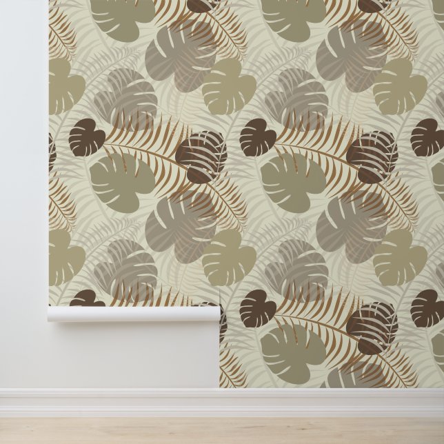 Stijlvolle botanische blad patroon bruin, beige behang (Applicatie)