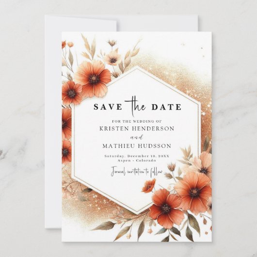 Stijlvolle botanische terracotta bruiloft save the date (Voorkant)