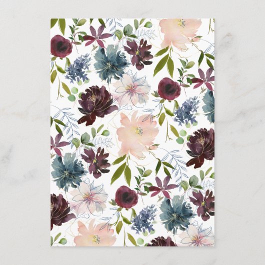 Stijlvolle Bourgogne Blauwe Floral Weddenschap Det Informatiekaartje (Achterkant)