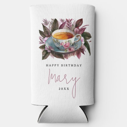 Stijlvolle Bourgogne Tea Party Bloemen Waterverf N Seltzer Blikjeskoeler (Voorkant)