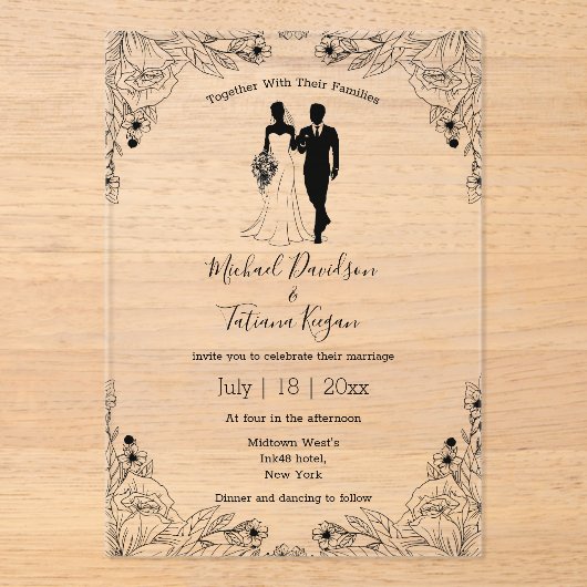 Stijlvolle bruid en bruidegom bloemenbruiloft acryl uitnodigingen (Voorkant)