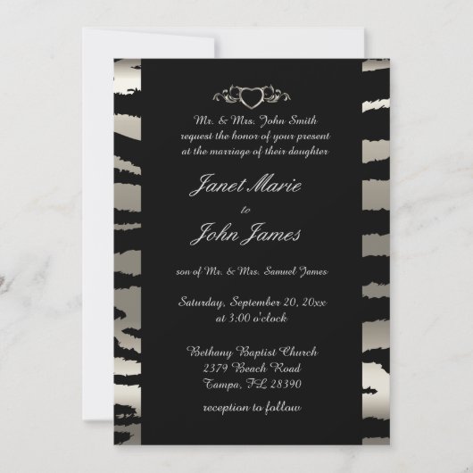 Stijlvolle bruiloft in zilveren en zwarte zebrastr kaart (Voorkant)