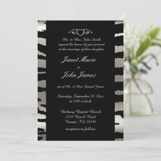 Stijlvolle bruiloft in zilveren en zwarte zebrastr kaart (Staand voorkant)