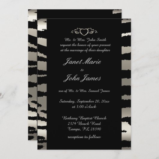 Stijlvolle bruiloft in zilveren en zwarte zebrastr kaart (Voorkant / Achterkant)