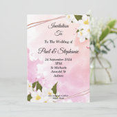 Stijlvolle bruiloft uitnodiging, roze, witte bloem kaart (Staand voorkant)