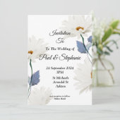 Stijlvolle bruiloft uitnodiging, wit en blauw kaart (Staand voorkant)