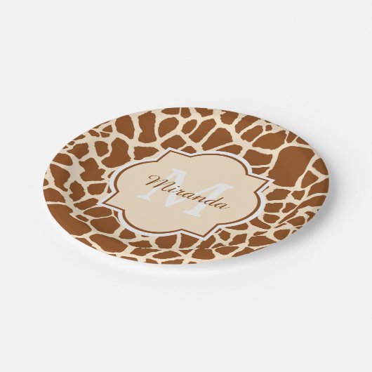 Stijlvolle bruine Giraffe Afdrukmonogram en naam Papieren Bordje (Gekanteld)