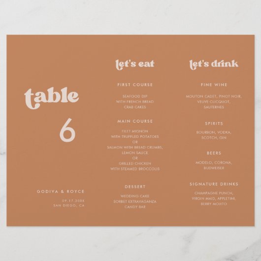 Stijlvolle Bruine suiker Menu & Tafelnummer trifol (Voorkant)