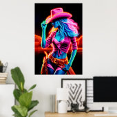 Stijlvolle bruisende cowgirl met retro neonverlich poster (Thuiskantoor)