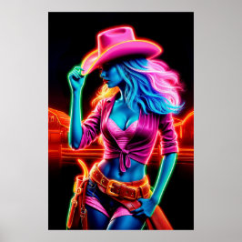 Stijlvolle bruisende cowgirl met retro neonverlich poster