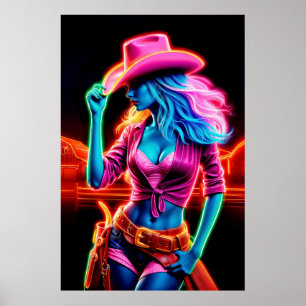 Stijlvolle bruisende cowgirl met retro neonverlich poster