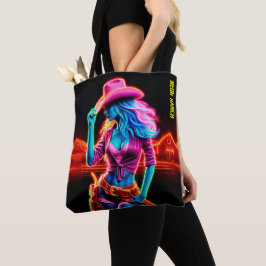 Stijlvolle bruisende cowgirl met retro neonverlich tote bag