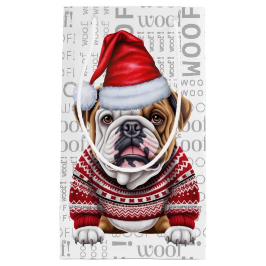 Stijlvolle Bulldog en Woof Word Art Kerstmis Klein Cadeauzakje (Voorkant)