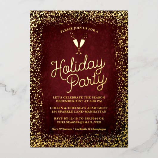 Stijlvolle Burgundy & Gold Holiday Party Folie Uitnodiging (Voorkant)