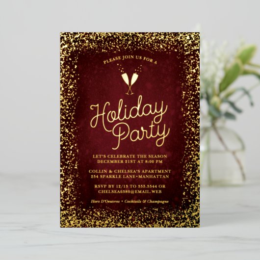 Stijlvolle Burgundy & Gold Holiday Party Folie Uitnodiging (Staand Voorkant)