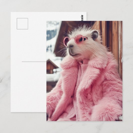 Stijlvolle Capybara in roze bontjas en zonnebril Briefkaart (Voorkant / Achterkant)