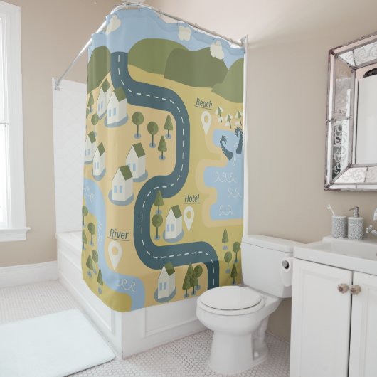 Stijlvolle cartoon landschapsvakantiereiskaart douchegordijn (In situ)