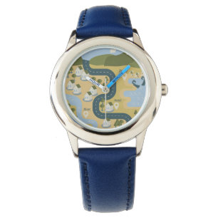 Stijlvolle cartoon landschapsvakantiereiskaart horloge