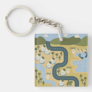 Stijlvolle cartoon landschapsvakantiereiskaart sleutelhanger
