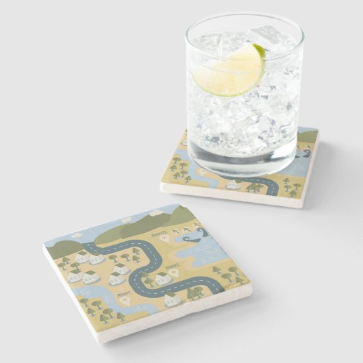 Stijlvolle cartoon landschapsvakantiereiskaart stenen onderzetter (Zijkant)