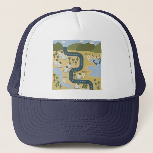 Stijlvolle cartoon landschapsvakantiereiskaart trucker pet (Voorkant)