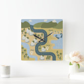 Stijlvolle cartoon landschapsvakantiereiskaart vierkante klok (Huis)