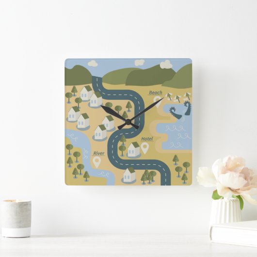 Stijlvolle cartoon landschapsvakantiereiskaart vierkante klok (Huis)