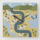 Stijlvolle cartoon landschapsvakantiereiskaart vierkante klok (Voorkant)