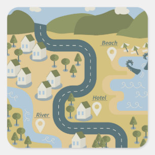 Stijlvolle cartoon landschapsvakantiereiskaart vierkante sticker