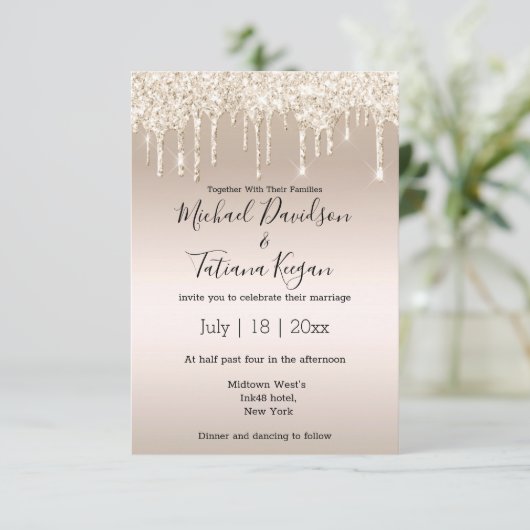 stijlvolle champagne die glitters bruiloft kaart (Staand voorkant)