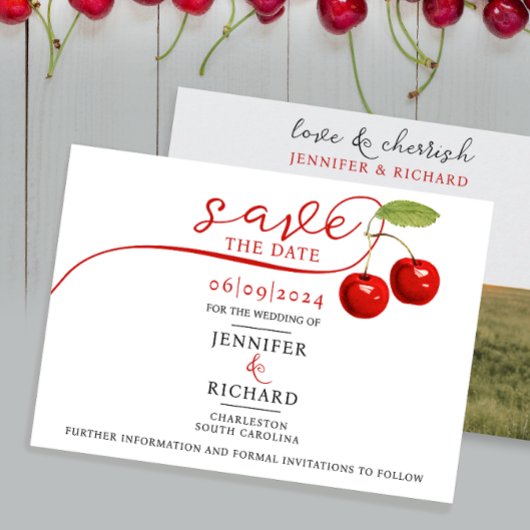 Stijlvolle Cherry Red White Wedding Photo Typo Save The Date